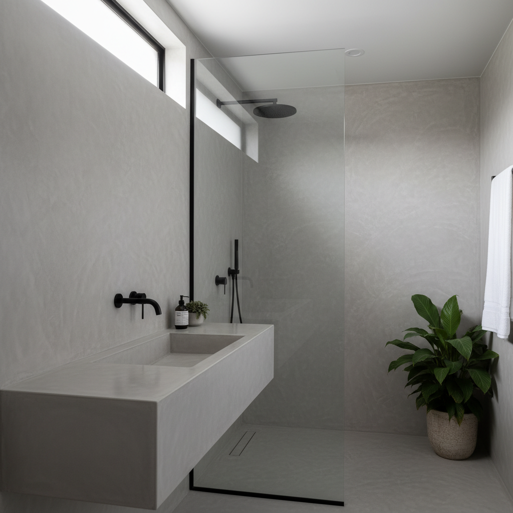 A close-up, photographic view of a premium microcement bathroom in a contemporary Tweed Coast renovation, highlighting a seamless, stone-grey microcement wall and floor that flow together without visible joints. A minimalist microcement vanity with an integrated basin blends into the wall, complemented by matte black tapware and a frameless glass shower panel. Soft, diffused daylight filters from a high window, creating gentle highlights on the subtly textured surface and emphasizing the handcrafted trowel marks. The camera is positioned at eye level with a medium focal length, keeping the entire vanity zone crisp while letting the distant background fall slightly out of focus. The mood is luxurious, spa-like, and serene, showcasing microcement as a high-end finish for bathrooms and wet areas.