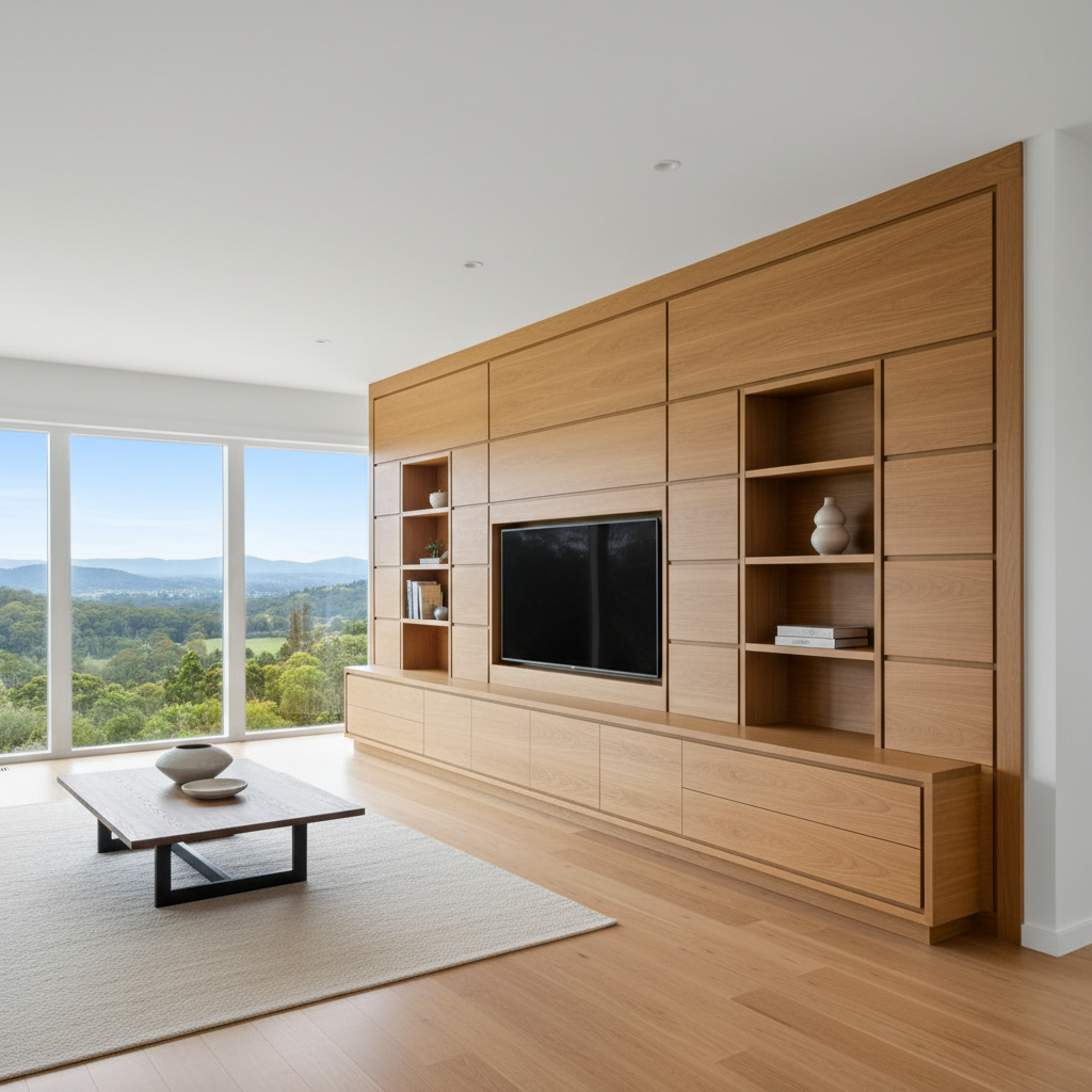 A detailed interior shot of a custom carpentry living space in Murwillumbah, showcasing a bespoke built-in entertainment unit in rich, matte-finished oak, perfectly fitted wall-to-wall. The unit features precisely aligned joinery, recessed shadow lines, and integrated shelving contrasted against crisp white walls and a smooth timber floor. Large windows reveal soft views of the Northern Rivers landscape with lush greenery and distant ridgelines. Natural daylight streams in from the side, creating gentle highlights on the wood grain and subtle reflections on a nearby low-profile coffee table. Captured at a slightly elevated angle with a wide lens, everything is in sharp focus, conveying meticulous workmanship. The atmosphere is calm, modern, and uncluttered, with a premium residential feel ideal for a carpentry services page hero image.