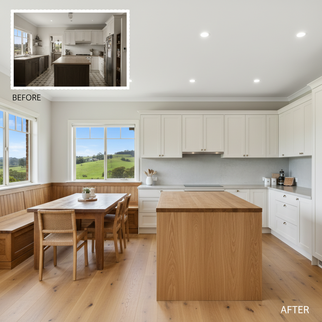 A clean, bright before-and-after style interior renovation scene from a Northern Rivers home, focusing on the transformed open-plan kitchen and dining area. The “after” side shows custom shaker-style cabinetry in soft white, a solid oak island bench with waterfall edge, and subtle microcement-style splashback, all under crisp downlighting and natural window light. The adjacent dining zone features a custom-built timber bench seat under a window framing lush, green hills. The “before” area is implied in a small, desaturated inset corner of the frame, showing dark, dated finishes. Captured from an eye-level, wide perspective with balanced lighting and sharp focus, the overall mood is uplifting and aspirational, clearly communicating the impact of professional renovations and custom carpentry.