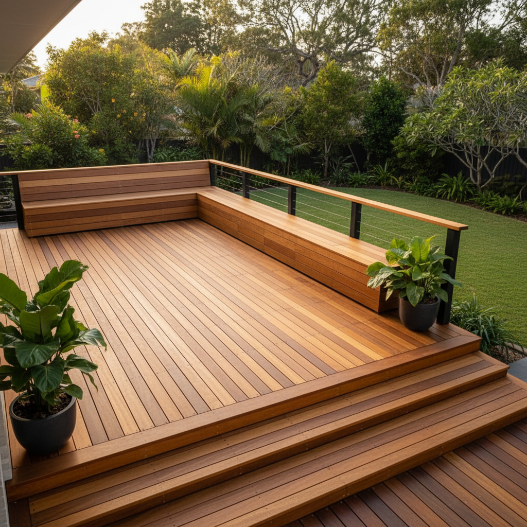 An inviting, wide-angle shot of a large custom timber deck overlooking a leafy Northern Rivers backyard, featuring warm, honey-toned hardwood boards laid with perfect alignment and concealed fixings. The deck includes a built-in bench seat with hidden storage, a simple timber balustrade with slim black steel posts, and broad steps flowing down to a manicured lawn. Late afternoon coastal light bathes the scene, intensifying the timber tones and casting soft shadows from potted plants along the edge. Shot from a slightly elevated corner, the composition leads the eye diagonally across the deck, giving a strong sense of space and usability. The mood is relaxed and social yet polished, ideal for showcasing outdoor carpentry, decks, and alfresco renovation projects.